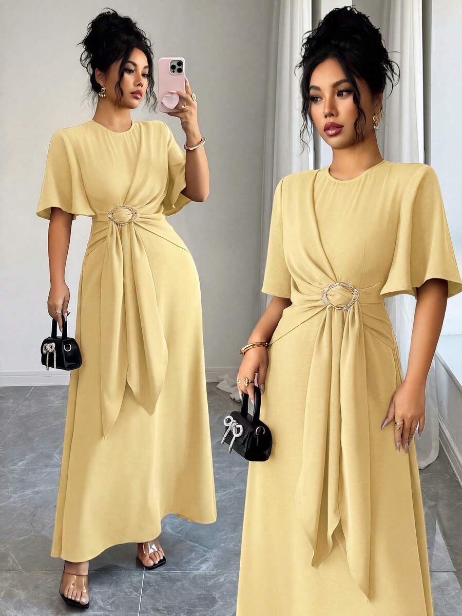 Selianne 女款優雅休閒通勤度假下午茶派對純色圓領交叉綁帶金屬扣腰部A字長袖喇叭袖長版洋裝,春/秋/冬 - 淡黃色 - 查看 1