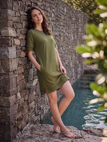 Dayvera Đầm dự tiệc thường ngày cổ tròn màu trơn có túi dành cho nữ - màu xanh lá - Xem 6