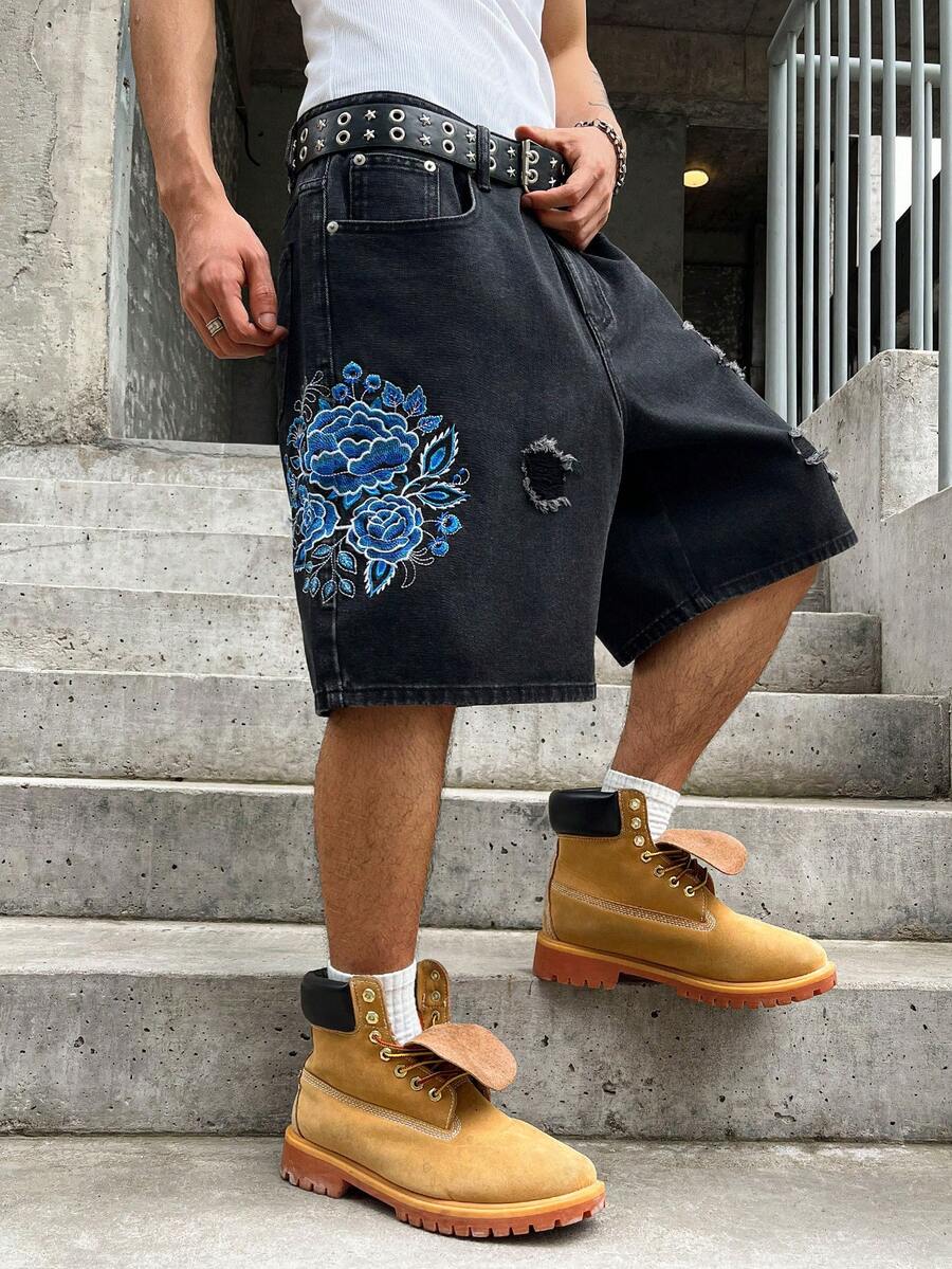 GALLERY FADE Black Washed Denim, Blue Floral Embroidered, Distressed Street Style Denim Shorts, Holiday - Black - View 1