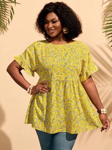BrightlyHer 大码女式碎花圆领荷叶边下摆休闲衬衫 - 黃色 - 查看 3