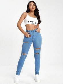 SHEIN EZwear 休閒斜口袋磨損修身牛仔褲 - 淺色水洗藍 - 查看 3
