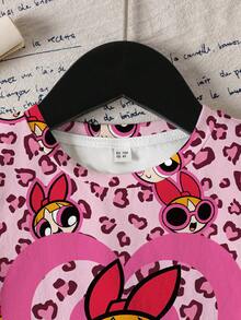 THE POWERPUFF GIRLS X SHEIN 年轻女孩休闲时尚街头风卡通爱心豹纹印花短袖T恤，夏季 - 白色 - 查看 3
