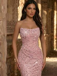 Glamrae Elegant Luxurious Beaded Sequin Ruched Mermaid Hem Dress, Suitable For Weddings, Parties, Vacations, Galas, Formal Occasions (Heavily Embellished) - Dusty Pink - View 7