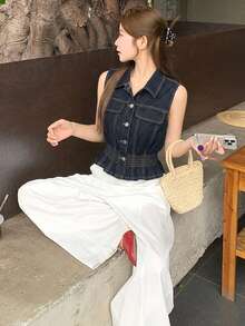 DAZY Women's Korean Style Fitted Casual Denim Blouse, Summer - Blue - View 8