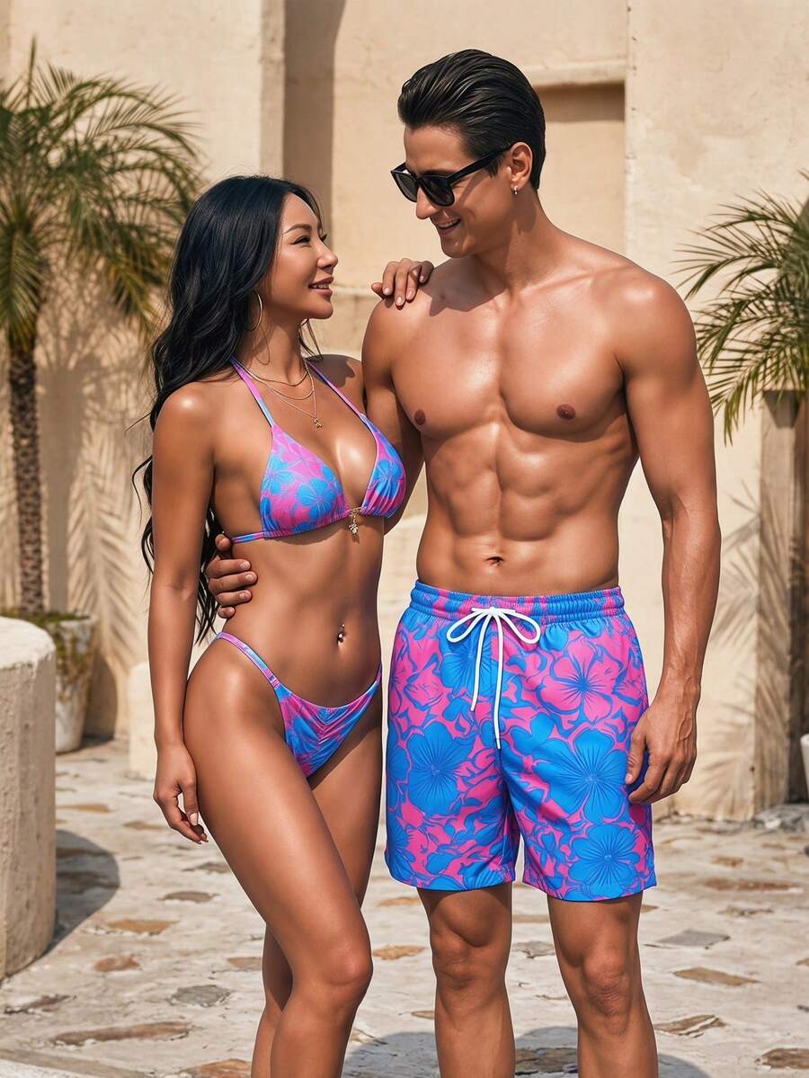 Manfinity Swimmode 夏季男士藍色花卉印花抽繩腰沙灘短褲,熱帶夏威夷度假泳褲,適合度假情侶 - 玫紅色 - 查看 1