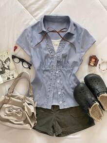 Attitoon Casual Minimalist Style Preppy Style Gray-Blue Striped Ruffle Trim Fitted Shirt For Women, Suitable For Spring & Summer, College Style,Summer Top - Blue and White - View 8