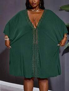 SHEIN CURVE+ Curve Size US22 音樂節海邊波希米亞風女款純色對比蕾絲蝙蝠袖洋裝泳裝罩衫 夏季熱帶海灘 - 墨綠色 - 查看 3