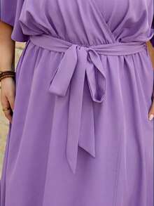 SHEIN CURVE+ Curve Size US22音樂節、海邊度假、波希米亞風格女款夏季休閒度假風素色露肩高衩開衩腰帶洋裝 - 淡紫色 - 查看 6