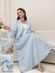 Al Najma Mint Green Embroidered Lace Patchwork Long Sleeve Dress, Fashionable For Spring/Summer - Blue - View 6