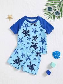 SHEIN 男女宝宝两件套可爱海龟海星图案撞色拼接短袖短裤泳衣套装，适合海滩、冲浪、度假、游泳、防晒 - 藍色 - 查看 4