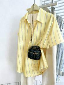 Camisa casual de mujer de manga corta con botones y rayas de fresa - Multicolor - Ver 2