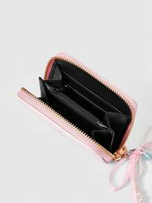 ROMWE Kawaii Ví ngắn hình hoạt hình dễ thương dành cho nữ, ví khóa kéo màu hồng có mặt dây chuyền vỏ ngọc trai, ví đựng thẻ in hình trái tim và động vật dành cho bé gái. - Hồng - Xem 4