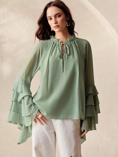 Aveloria Rosie European And American Style Spring/Summer New Versatile Multi-Layer Ruffle Design Solid Color Chiffon Long Sleeve Blouse