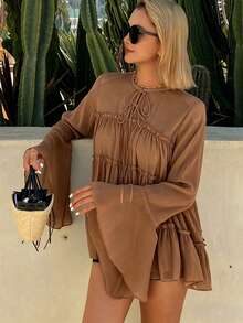 DAZY Women's Round Neck Ruffle Hem Flowy French A-Line Blouse Long Sleeve Fall Vacation - Brown - View 6
