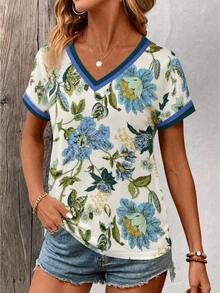 SHEIN Áo thun nữ mùa hè dáng ôm, cổ chữ V, tay ngắn, họa tiết hoa cổ điển, viền tương phản. - Nhiều màu - Xem 4