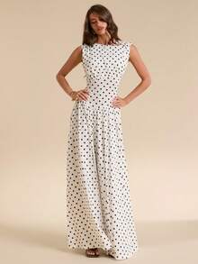 SHEIN BAE White And Black Polka Dot With Polka Dots Sleeveless Fitted Long Dress, Elegant French For Spring/Summer Vacation Garden Party Brunch Day Party - Black and White - View 7