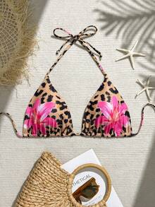 SHEIN Swim Curve 大码性感度假沙滩豹纹花卉印花吊带三角上衣 - 彩色 - 查看 3