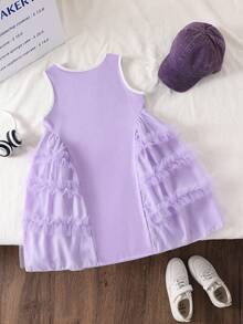 Genkimix Kids Young Girl Bowknot Embroidery Mesh Patchwork Sleeveless Round Neck Dress - Mauve Purple - View 3