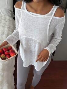 DAZY Women's Solid Color Off-Shoulder Long Sleeve Top And Pants Casual Loungewear Set Pajamas - White - View 5