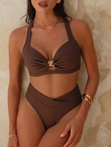 Swim Chiccia Women's Summer Beach Party Vacation Solid Color Ribbed Fabric Halter Top And Crossed Waist Shorts Set Chocolate Brown Sexy Breezy - Brown - View 1