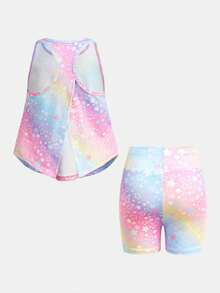 SHEIN 年轻女孩休闲日常时尚明星扎染印花运动服套装 - 彩色 - 查看 2
