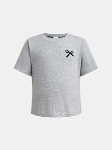 SHEIN Bộ đồ thường ngày dễ thương cho bé gái: áo tay ngắn ôm sát cổ tròn in nơ và quần ống loe in hình bướm. - Xám - Xem 6