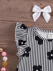 SHEIN Babygirl Cute Knitted Black & White Striped Floral Pattern Cap Sleeve Dress - Black and White - View 5