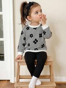 SHEIN Babygirl Cute Floral & Striped Pattern Sweatshirt And Elastic Waist Pants Set - Black and White - View 5