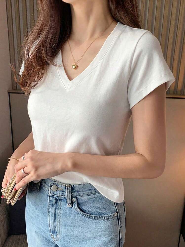 Women's Crew Neck Solid Color Basic White Short Sleeve T-Shirt, Spring/Summer
