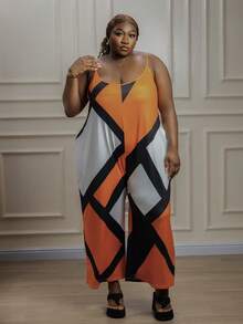 CurvyTilda Mono de tirantes finos de pierna ancha con bloques de color para playa de verano, adecuado para salir y vacaciones, para Body de reloj de arena, talla grande - Naranja Quemada - Ver 1