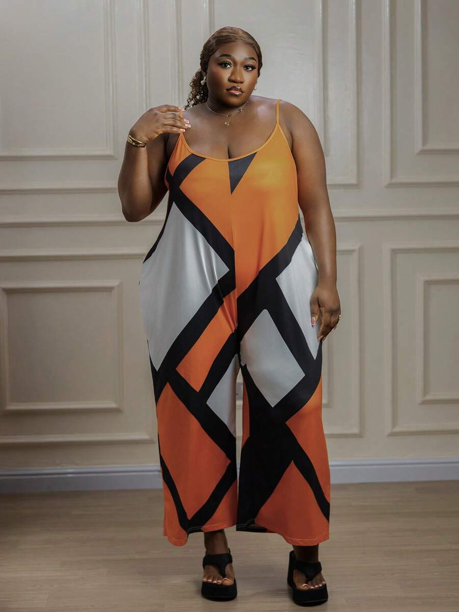 CurvyTilda Mono de tirantes finos de pierna ancha con bloques de color para playa de verano, adecuado para salir y vacaciones, para Body de reloj de arena, talla grande - Naranja Quemada - Ver 1