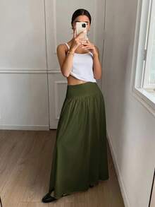 Serisse 女士纯色侧拉链设计优雅半身裙 - 軍綠色 - 查看 2