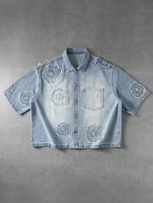 ROMWE MEN Street Life Áo thun nam tay ngắn denim dáng rộng, thêu họa tiết, phong cách thường ngày, đã qua xử lý mài mòn. - Màu xanh lam - Xem 1