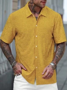 Manfinity CasualCool Áo sơ mi nam cỡ lớn, kiểu dáng rộng rãi, tay ngắn, chất liệu dệt kim jacquard màu cam, họa tiết nổi bật. - Màu vàng - Xem 5