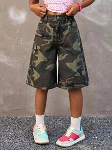 SHEIN 少女迷彩牛仔宽松短裤 - 軍綠色 - 查看 6