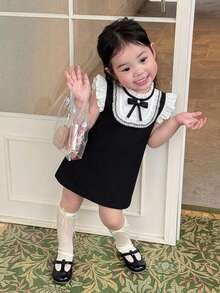 Dazy Kids 女嬰圓領拼色韓風蝴蝶結無袖中長洋裝 幼兒夏季 - 黑色 - 查看 5