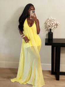 BamGleam Đầm chiffon mỏng màu vàng nhạt dáng rộng, không tay, cổ chữ V, hở lưng, thích hợp cho kỳ nghỉ hè, dành cho nữ, năm 2026. - Vàng nhạt - Xem 3