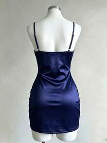 Franclia Women's Elegant Solid Satin Luxurious Spaghetti Strap Ruched Low-Cut Waist Dress - Navy Blue - View 2