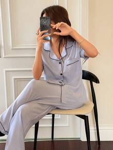 Napfluff Women's Casual Comfortable Short Sleeve Pants Solid Color Cardigan Pajama Set, Spring/Summer - Grey - View 4