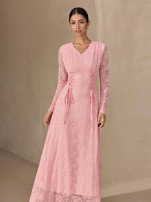 Graceveil Pink Lace Tie-Waist Elegant Long Dress For Women - Pink - View 5