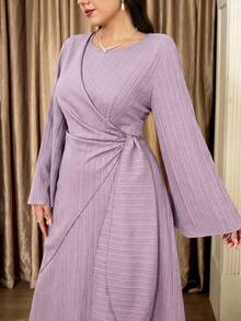 Veilorie Plus Size Solid Color Round Neck Flare Sleeve Elegant Long Dress For Summer Fall - Mauve Purple - View 3