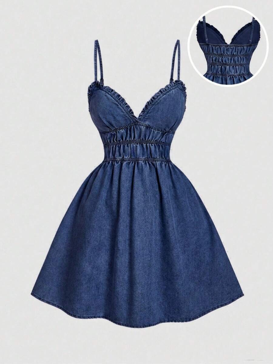 SHEIN MOD Gaun Slip Denim Kasual Wanita untuk Musim Panas - Dark Wash - View 1