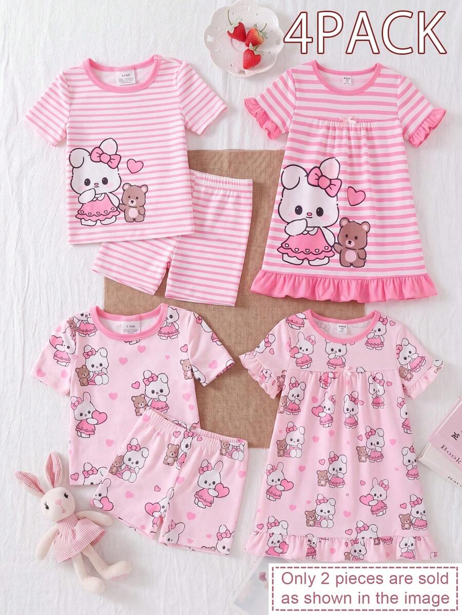 Conjunto de pijama de 4 piezas para niñas bebés con estampado de conejo y corazón a rayas, cuello redondo, manga corta y pantalones cortos, adecuado para el hogar, juegos al aire libre y uso casual en verano - Rosa - Ver 1