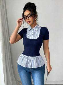 Elenzga Summer New Slimming 2 In 1 Polo Collar Knit Short Sleeve T-Shirt - Multicolor - View 2