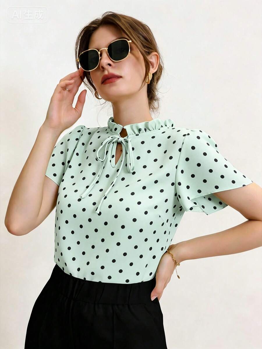 Modelyn 白色短袖荷叶边波点印花系带优雅通勤女式衬衫 - 彩色 - 查看 1