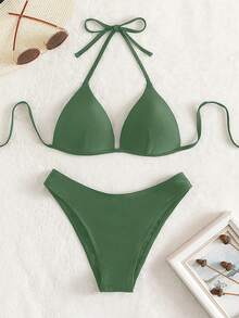 Swim Basics 女款夏季海灘素色掛脖綁帶性感比基尼與三角泳褲泳裝套裝 - 軍綠色 - 查看 5