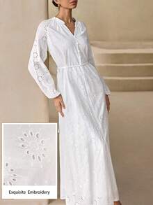 Graceveil 女款鏤空刺繡休閒端莊寬鬆日常洋裝，白色冬季婚禮正式晨禮裙 - 象牙白色 - 查看 1