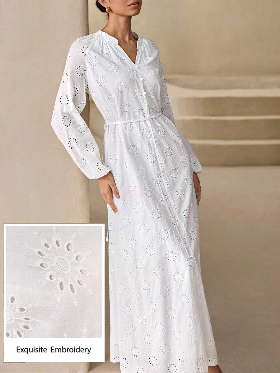 Graceveil 女款鏤空刺繡休閒端莊寬鬆日常洋裝,白色冬季婚禮正式晨禮裙 - 象牙白色 - 查看 1
