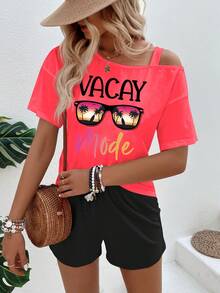 SHEIN LUNE Women's Asymmetric Neck Short Sleeve Casual Tropical Loose 2 Pieces Set, Summer Vacation Pink Graphic Black - Multicolor - View 4