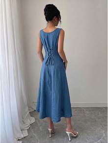 SHEIN Raffinéa Váy xanh nhạt sọc dọc cổ vuông thanh lịch thắt lưng buộc sau lưng - Màu xanh lam - Xem 2